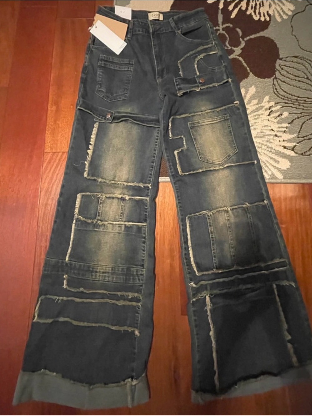 New D Rock Blue Wide Leg Flare Patchwork Jeans - Distressed Dark Blue